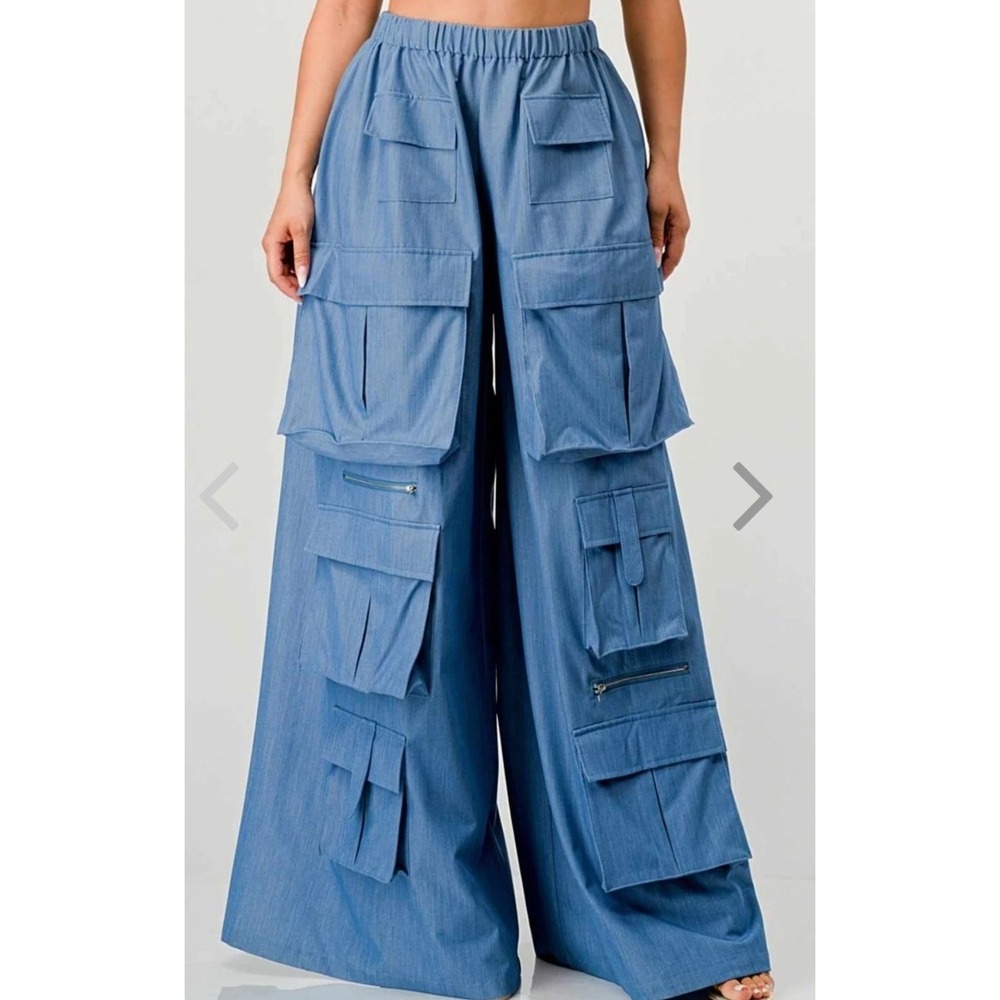 Athina Blue Wide Leg Cargo Pants Multi Pocket Utility Rayon Womens Small NWT‎